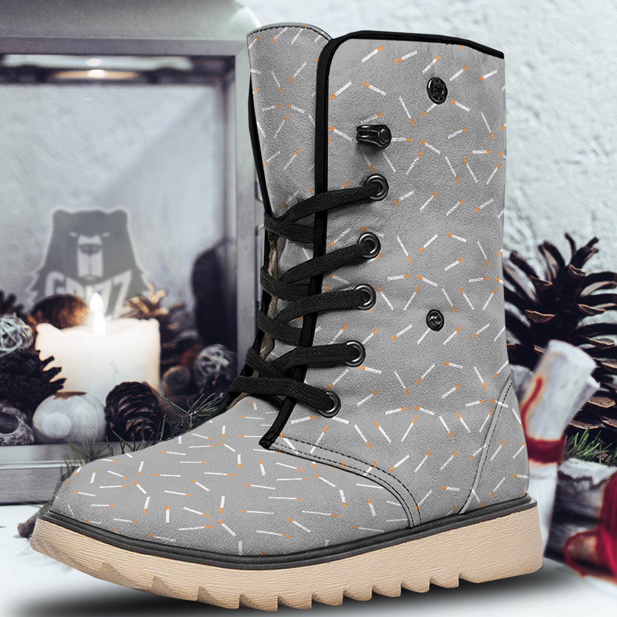 Cigarette Gray Print Pattern Snow Boots-grizzshop