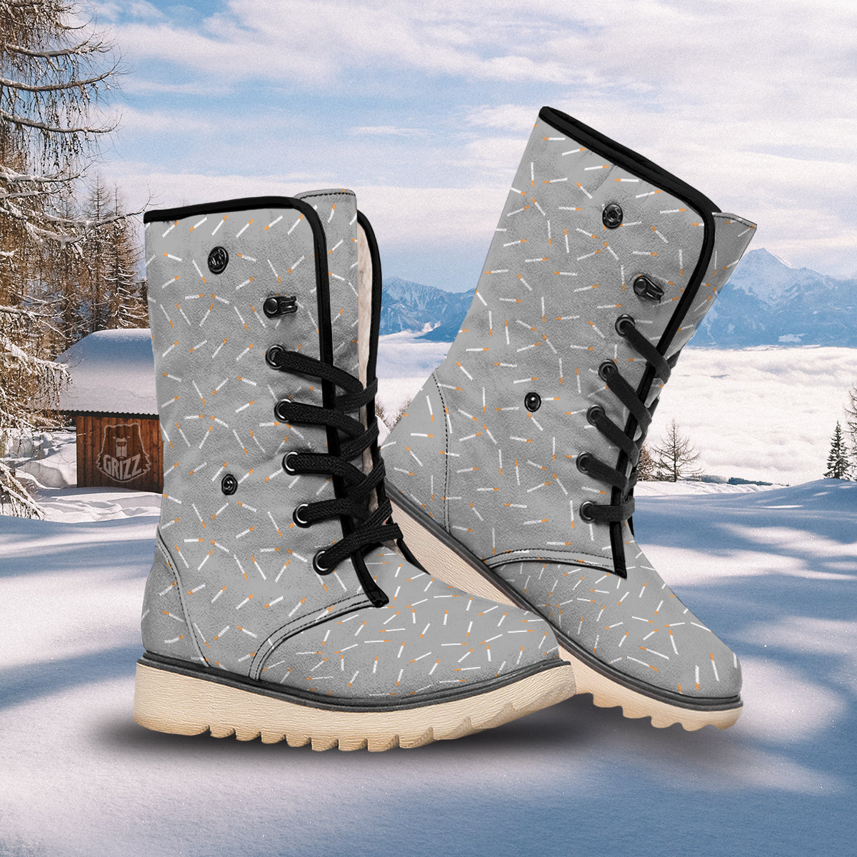Cigarette Gray Print Pattern Snow Boots-grizzshop
