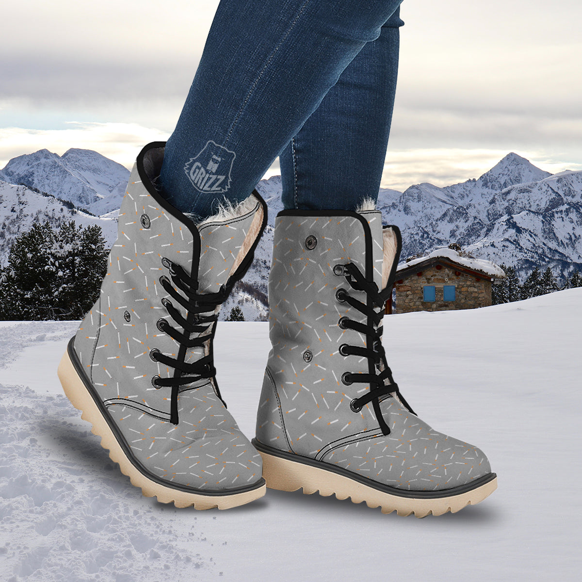 Cigarette Gray Print Pattern Snow Boots-grizzshop