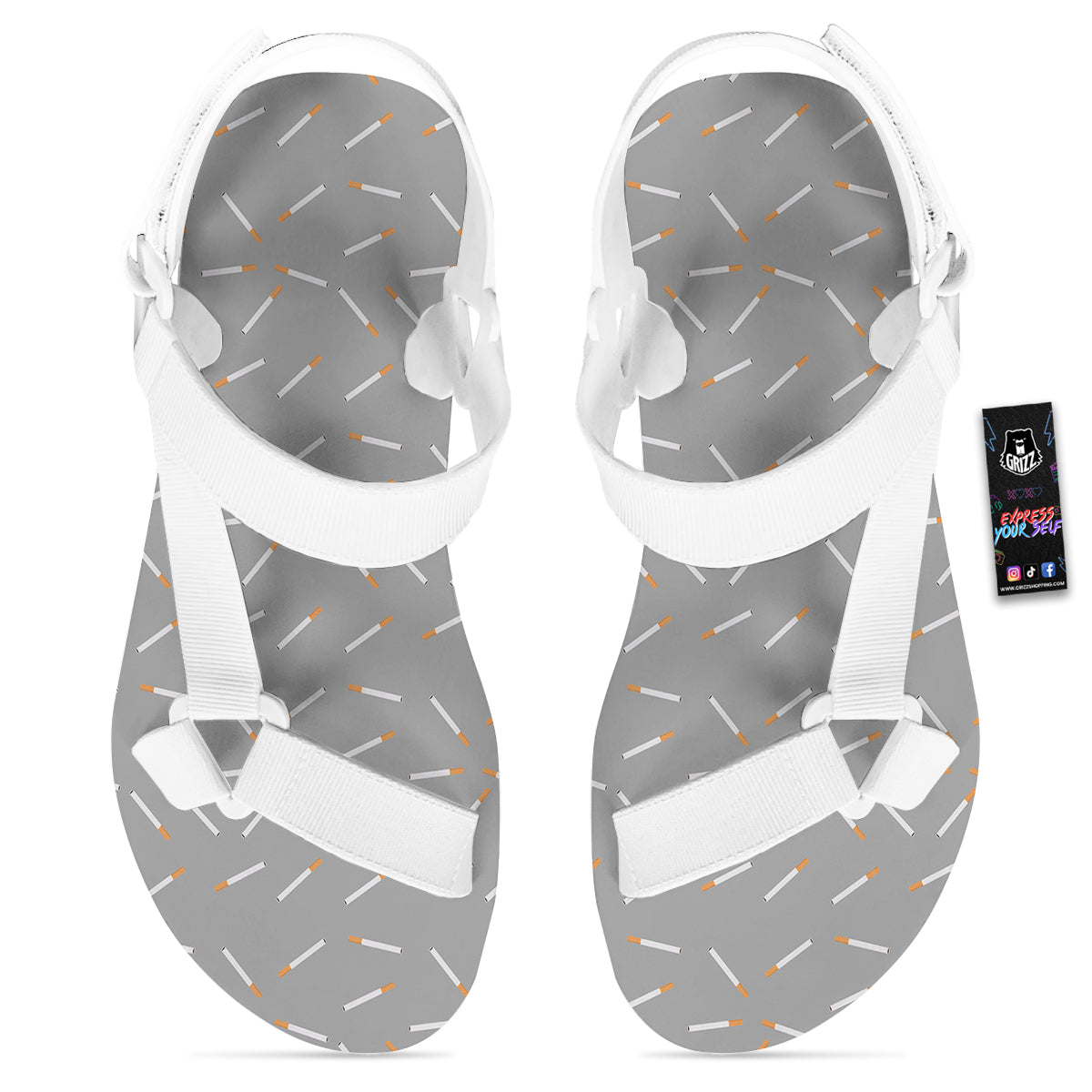 Cigarette Gray Print Pattern White Open Toe Sandals-grizzshop