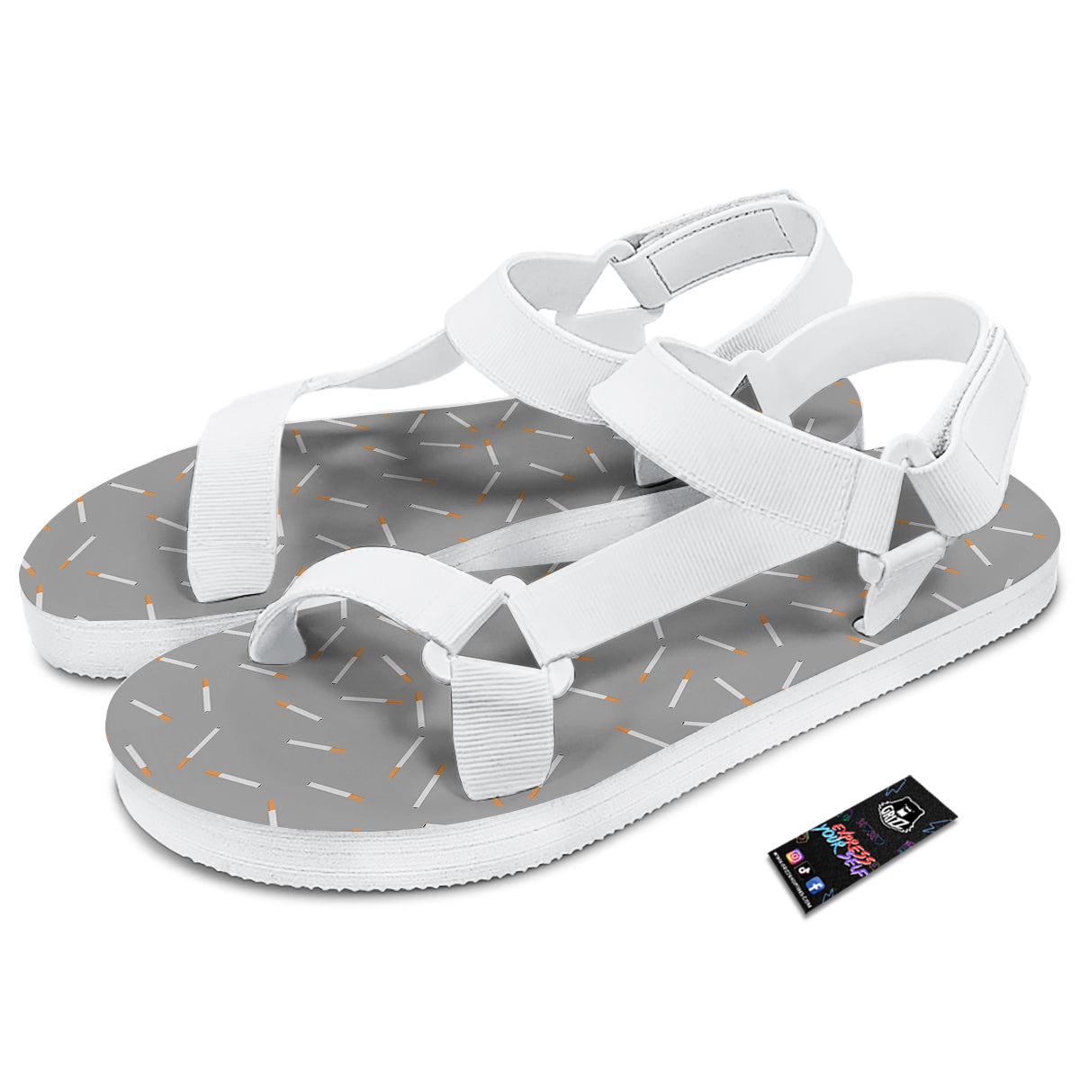 Cigarette Gray Print Pattern White Open Toe Sandals-grizzshop