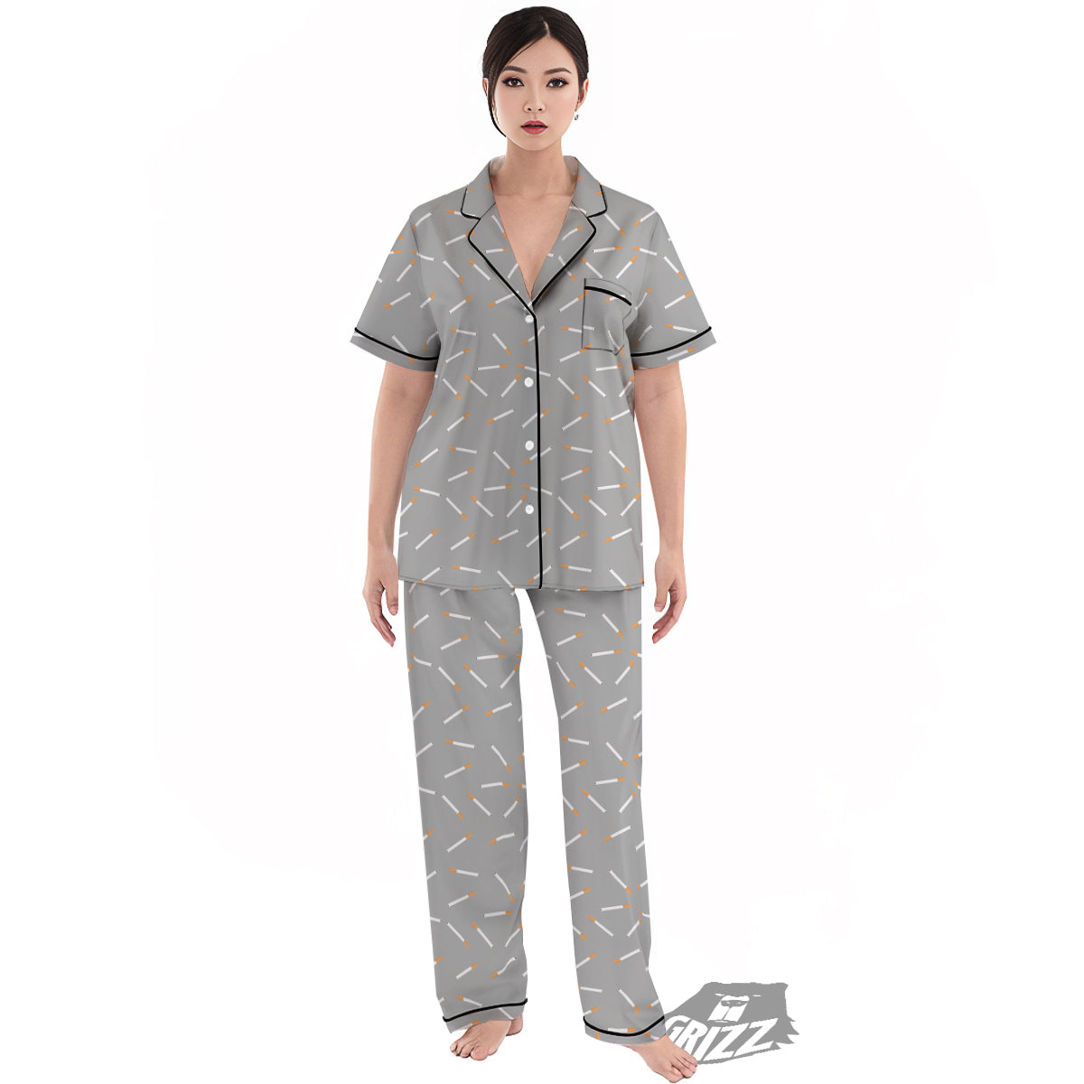 Cigarette Gray Print Pattern Women's Pajamas Set-grizzshop
