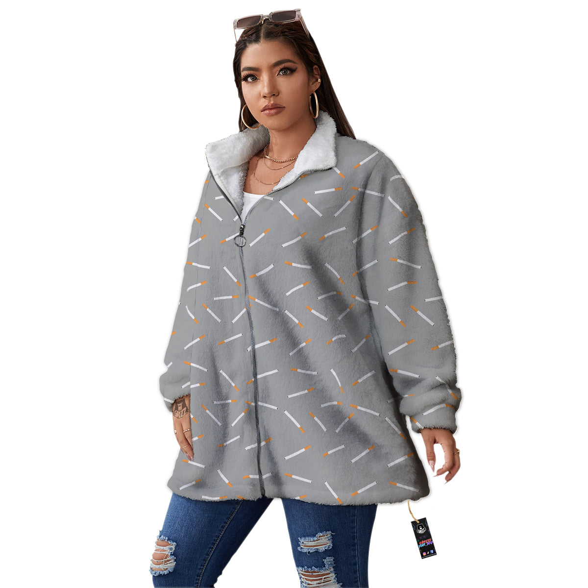 Cigarette Gray Print Pattern Women's Sherpa Jacket-grizzshop