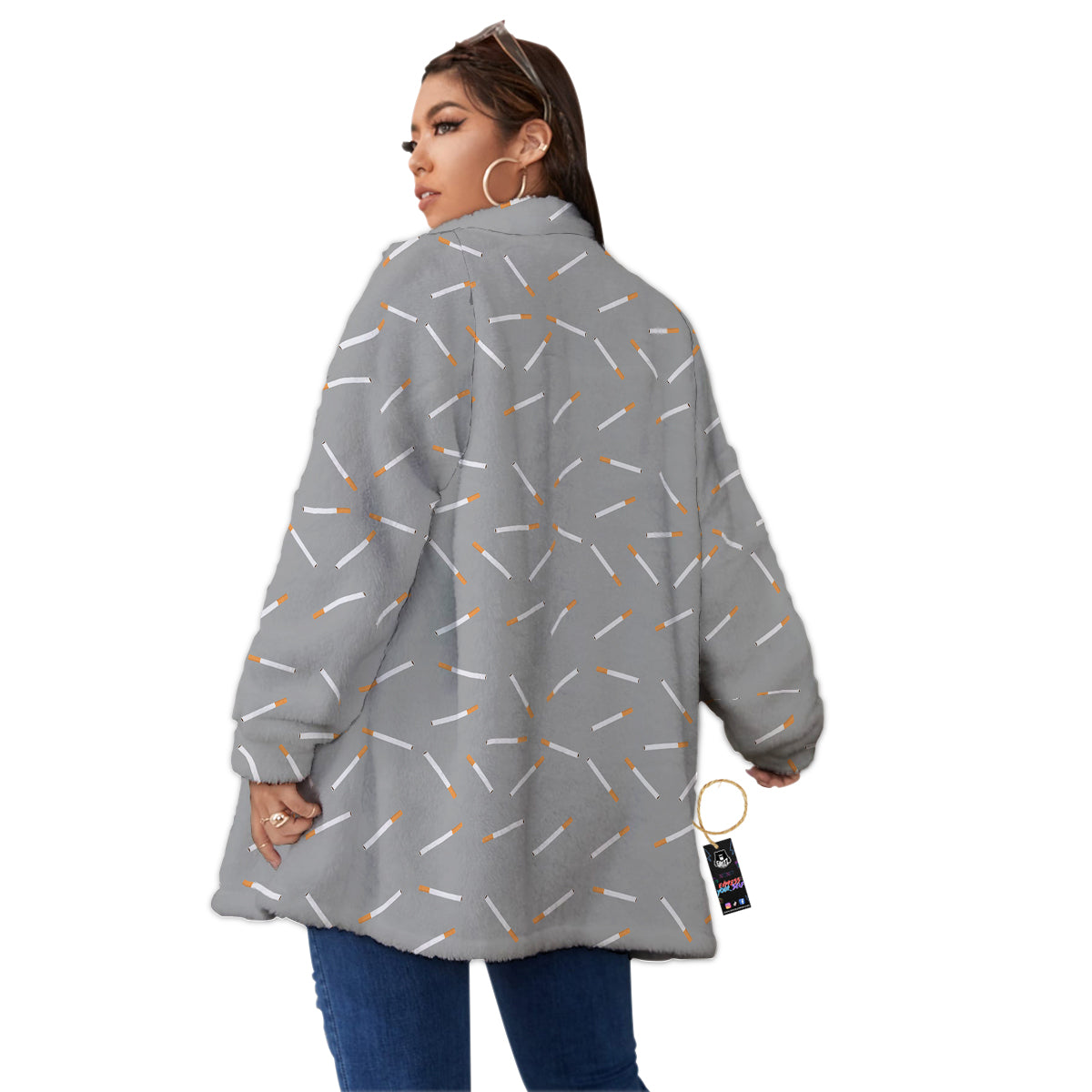Cigarette Gray Print Pattern Women's Sherpa Jacket-grizzshop