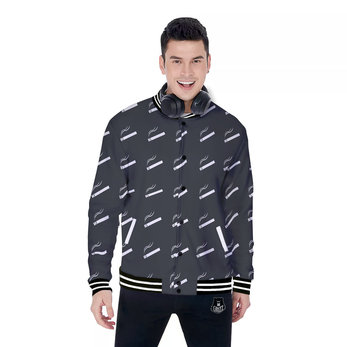 Cigarette Print Pattern Baseball Jacket-grizzshop
