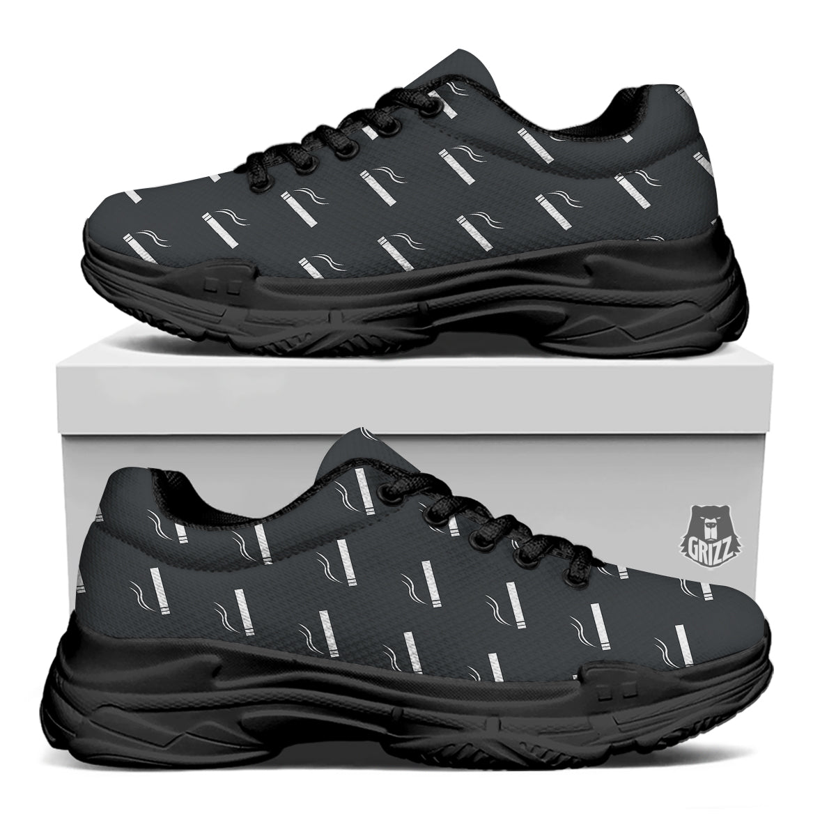 Cigarette Print Pattern Black Chunky Shoes-grizzshop