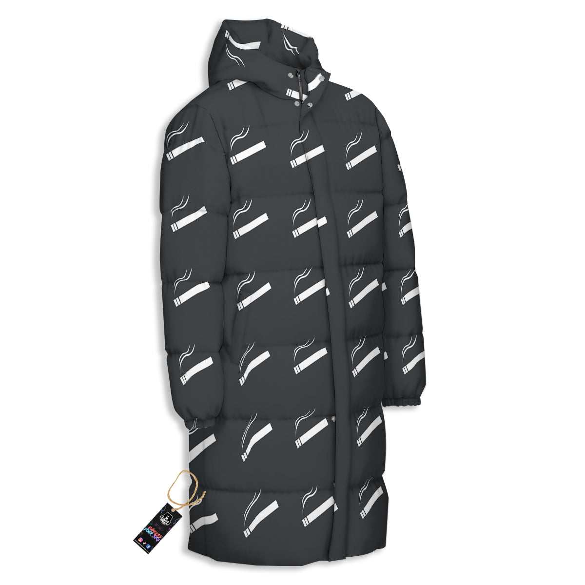 Cigarette Print Pattern Long Down Jacket-grizzshop