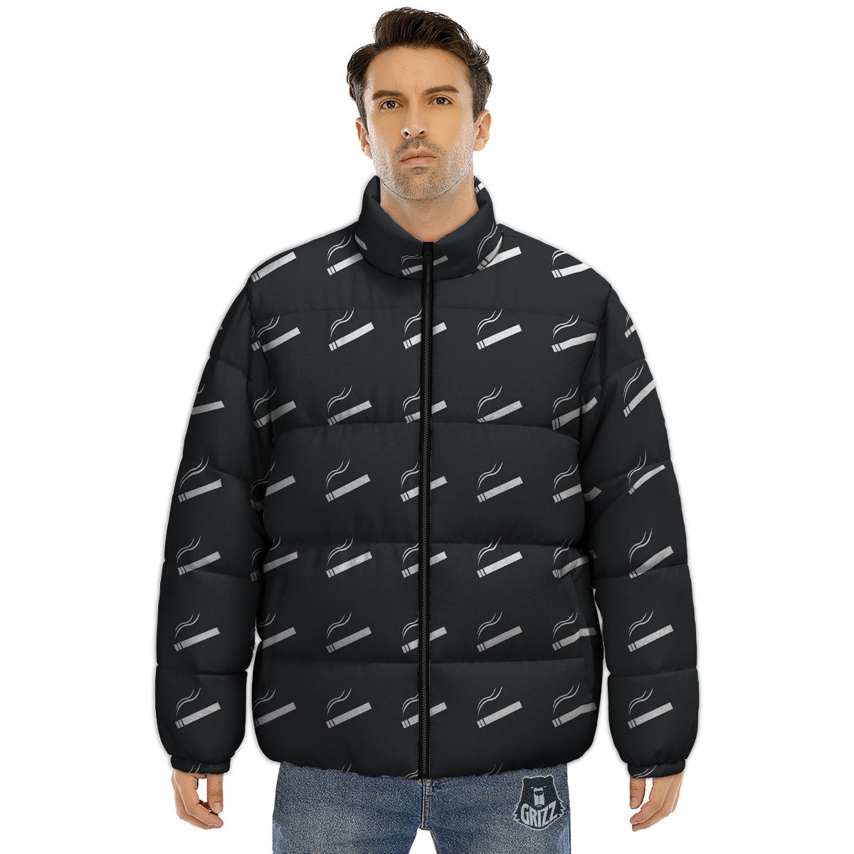 Cigarette Print Pattern Puffer Jacket-grizzshop