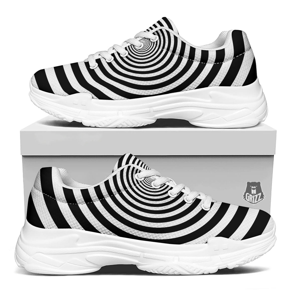 Circle Illusion White And Black Print White Chunky Shoes-grizzshop