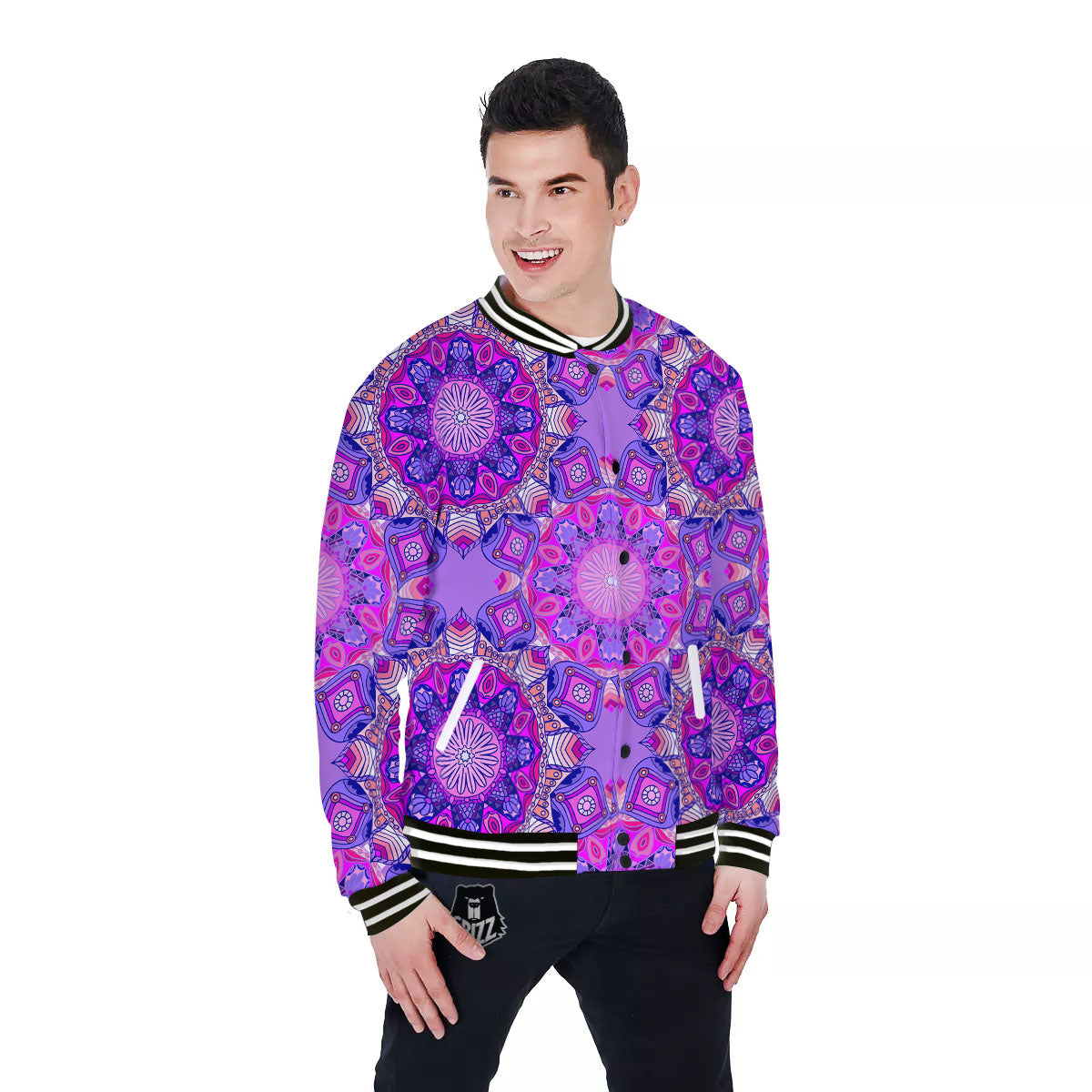 Circle Mandala Purple Print Baseball Jacket-grizzshop