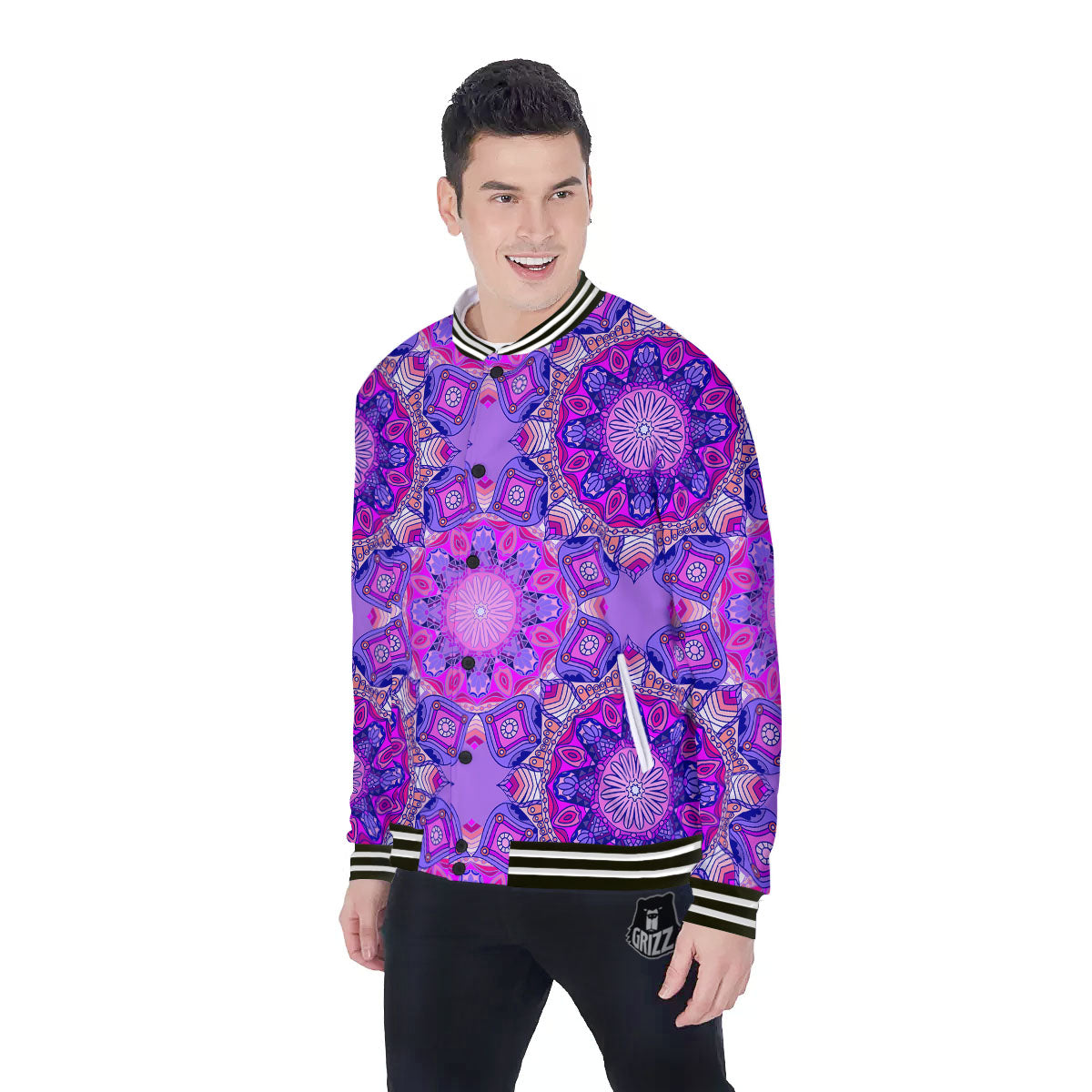 Circle Mandala Purple Print Baseball Jacket-grizzshop