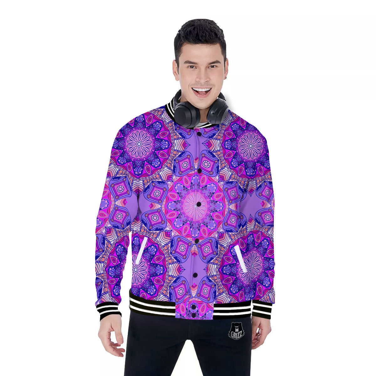 Circle Mandala Purple Print Baseball Jacket-grizzshop