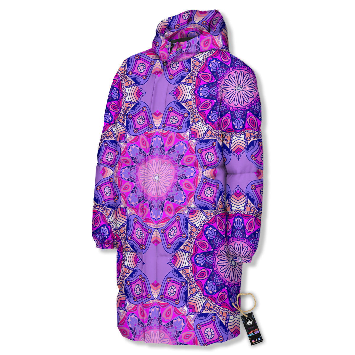 Circle Mandala Purple Print Long Down Jacket-grizzshop
