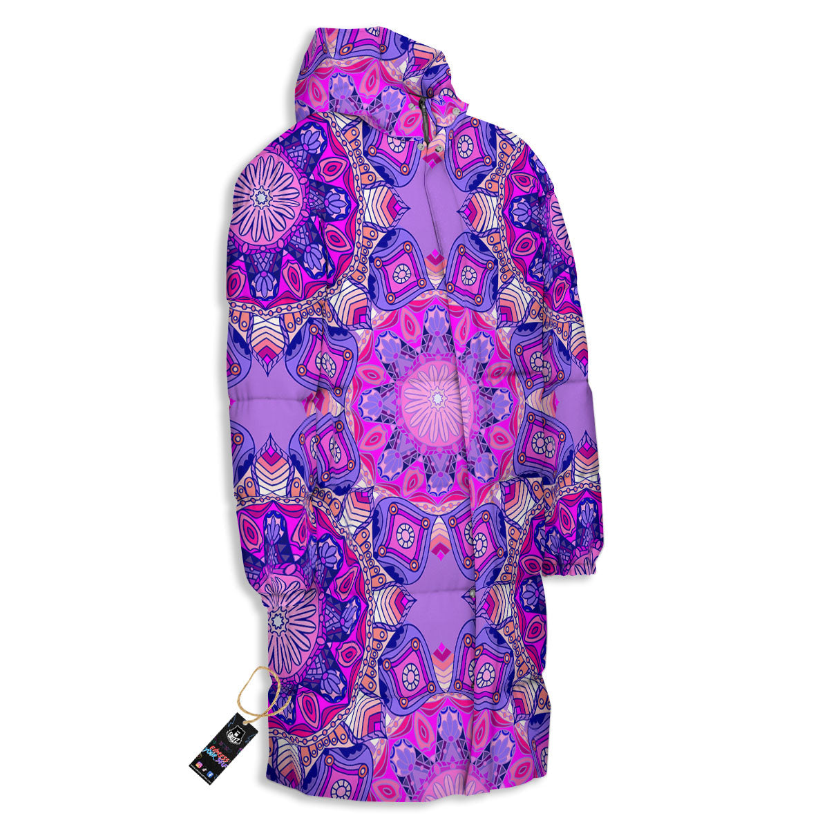 Circle Mandala Purple Print Long Down Jacket-grizzshop
