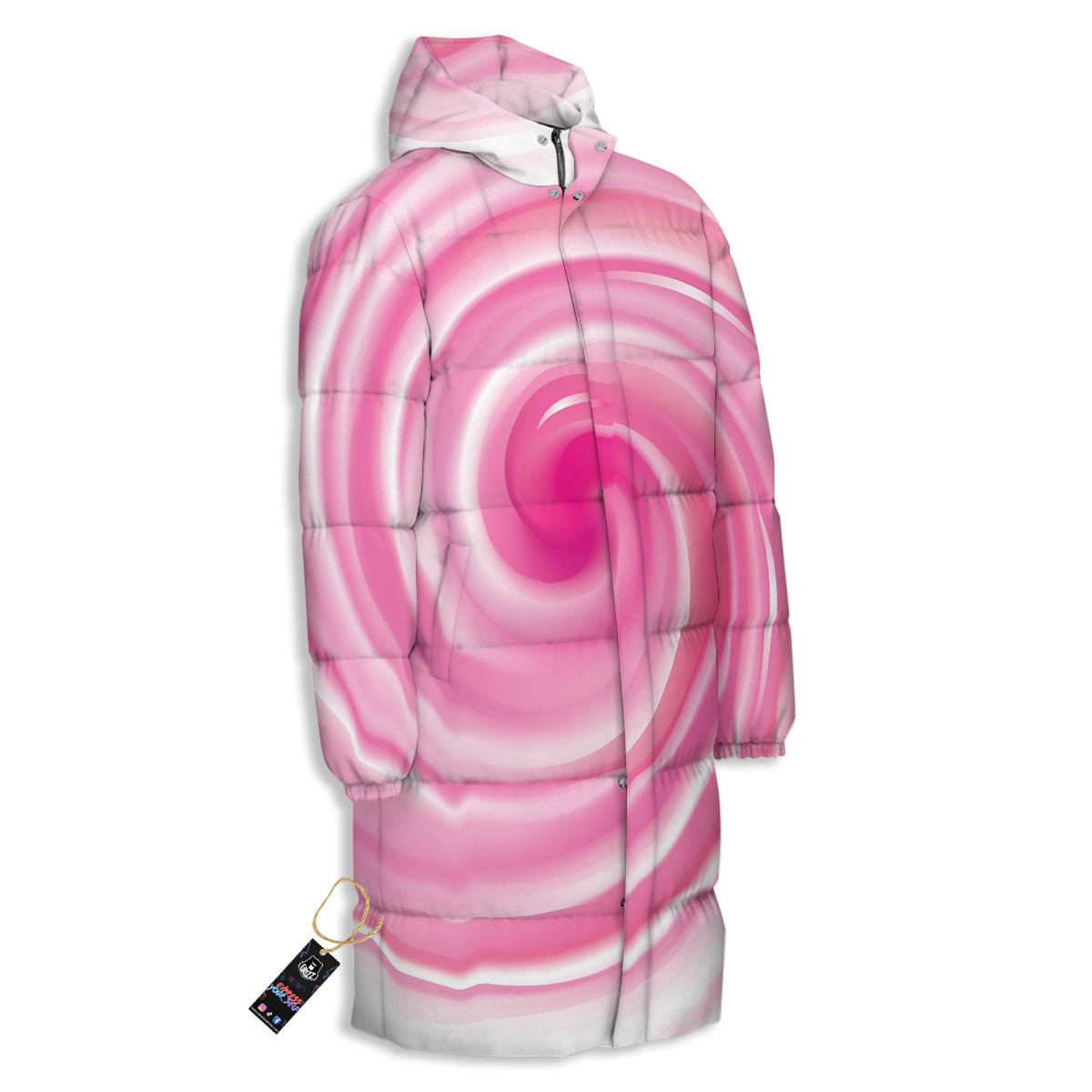 Circle Swirl Pink Print Long Down Jacket-grizzshop