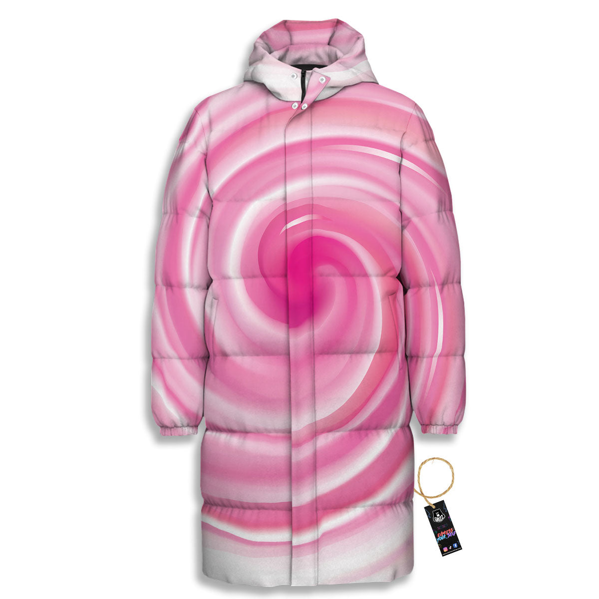 Circle Swirl Pink Print Long Down Jacket-grizzshop