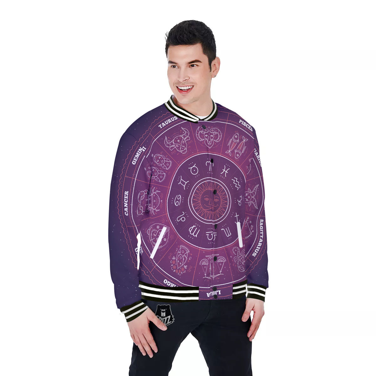 Circle Zodiac Symbols Print Baseball Jacket-grizzshop