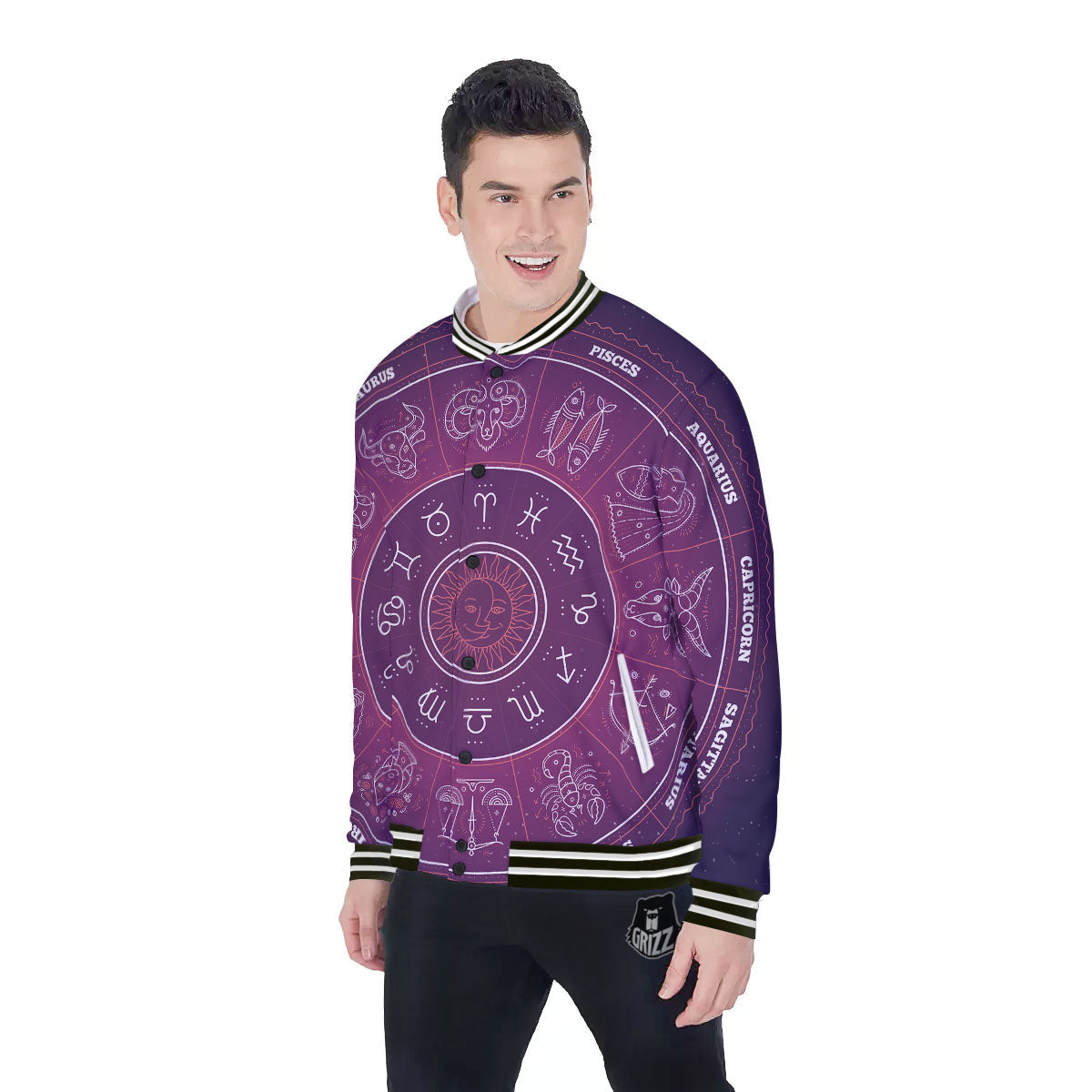 Circle Zodiac Symbols Print Baseball Jacket-grizzshop