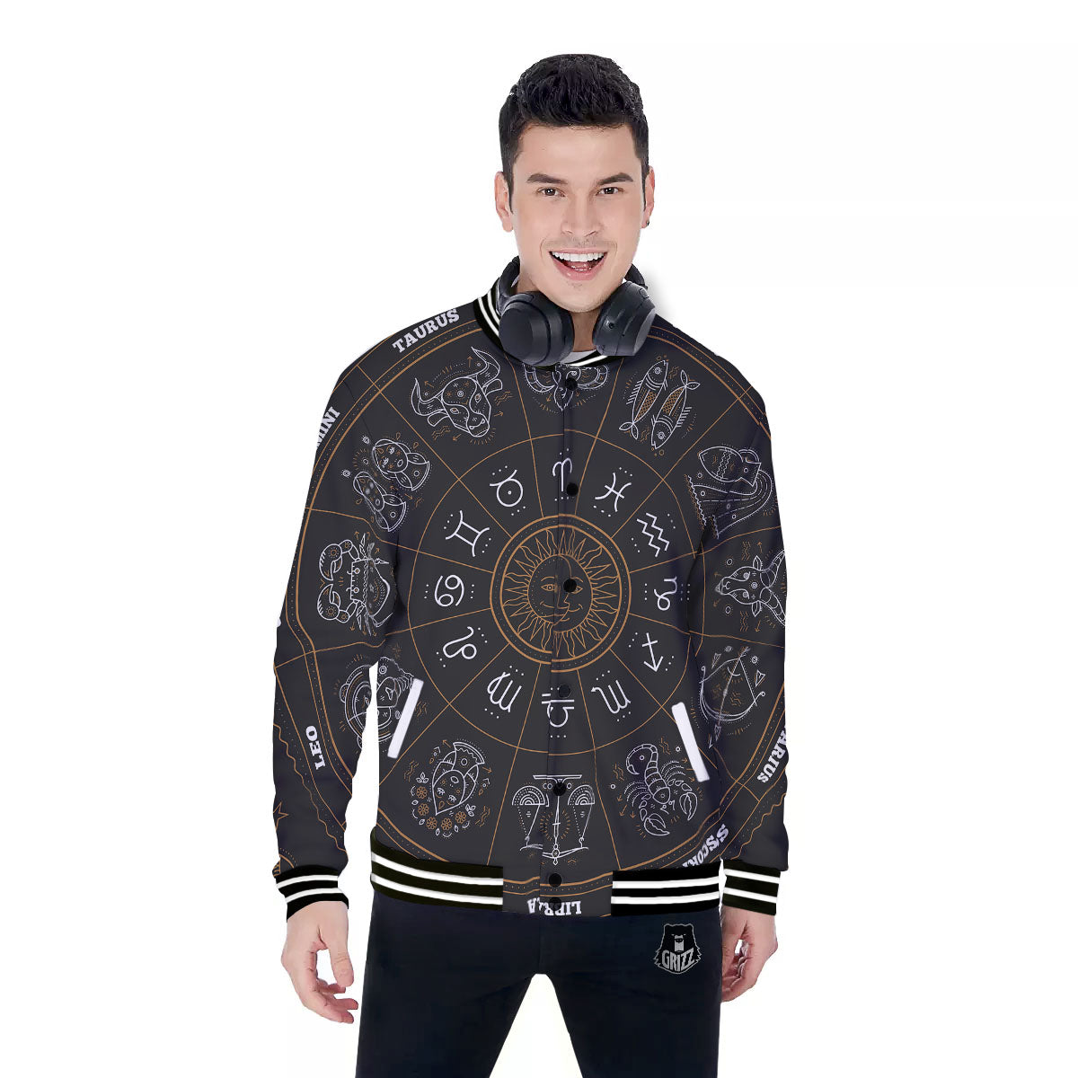 Circle Zodiac Vintage Print Baseball Jacket-grizzshop