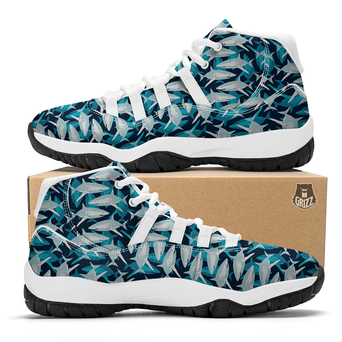 Circling Shark Pattern Print White Bball Shoes-grizzshop