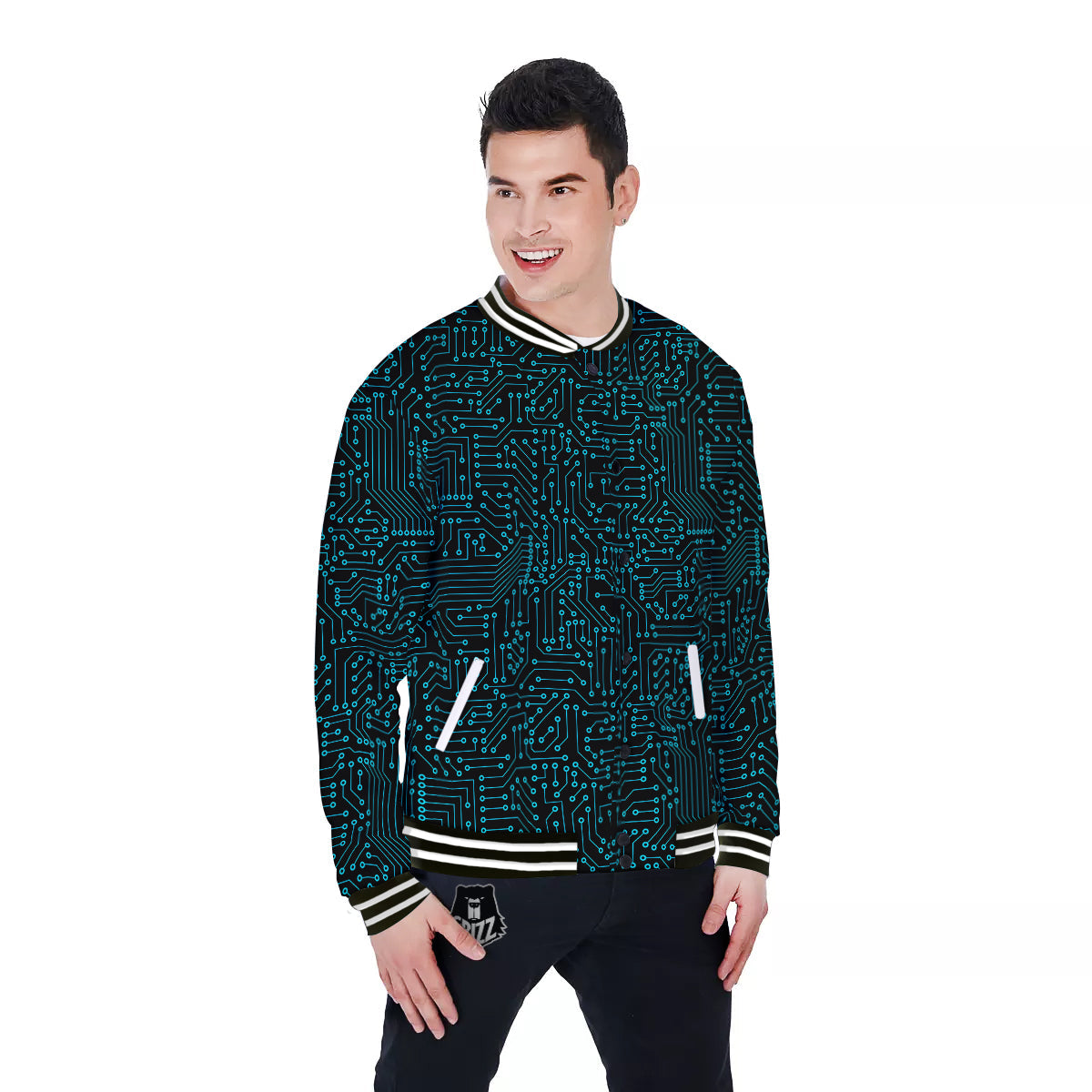 Circuit Black Blue Print Pattern Baseball Jacket-grizzshop