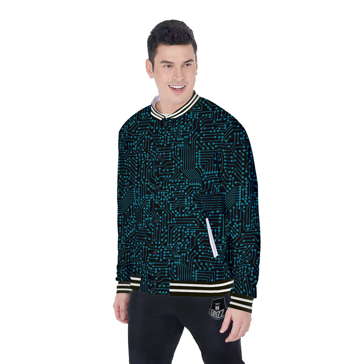 Circuit Black Blue Print Pattern Baseball Jacket-grizzshop