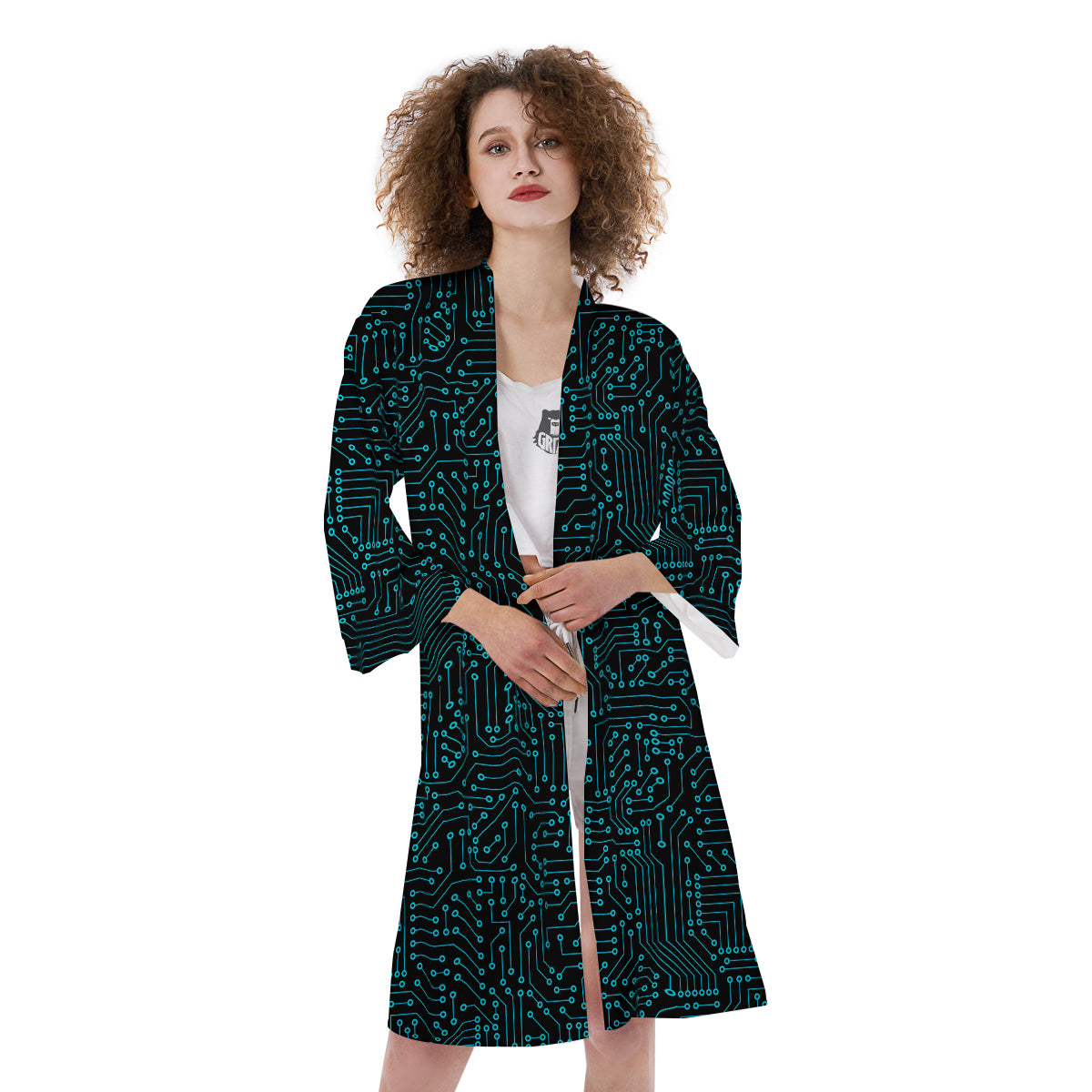 Circuit Black Blue Print Pattern Kimono-grizzshop