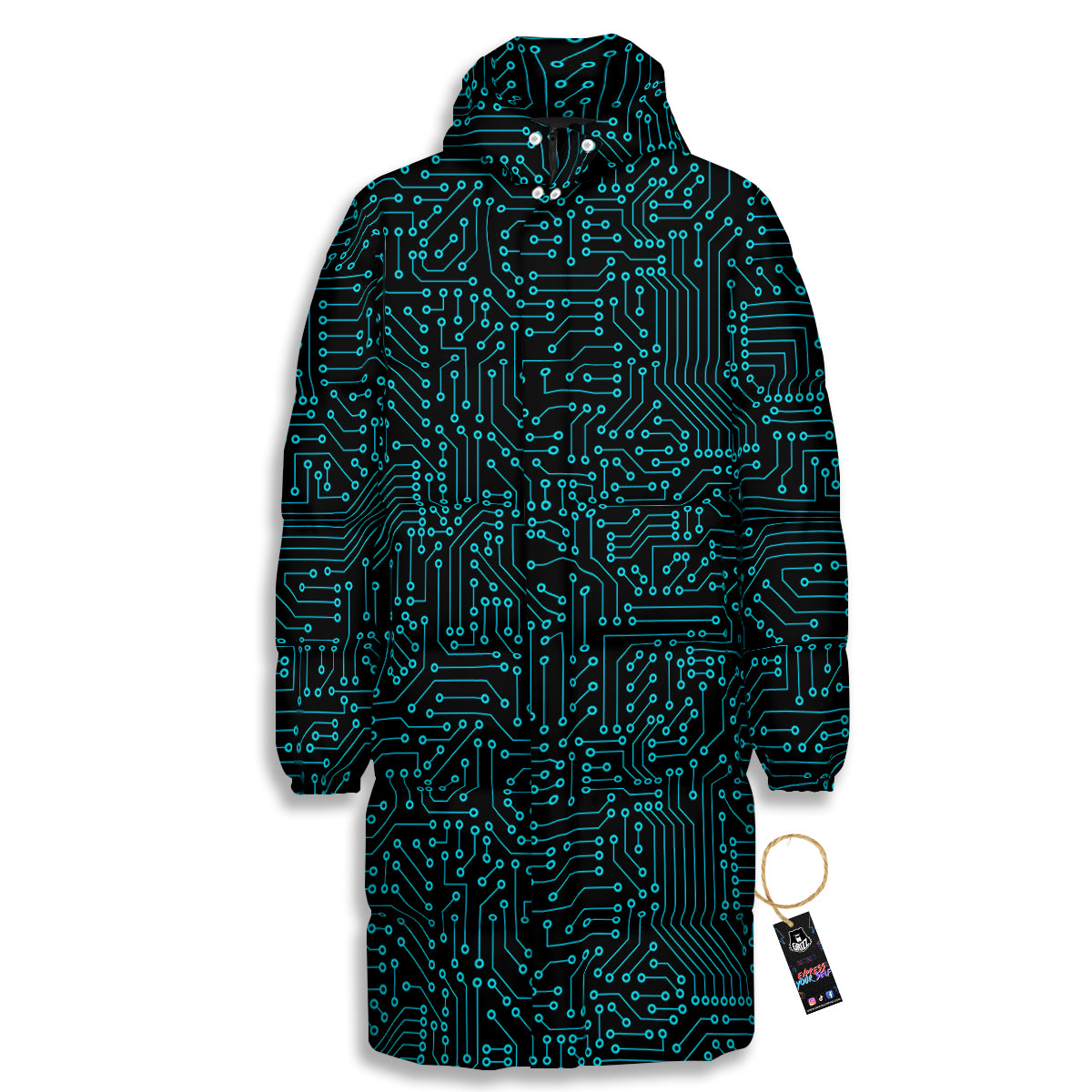 Circuit Black Blue Print Pattern Long Down Jacket-grizzshop