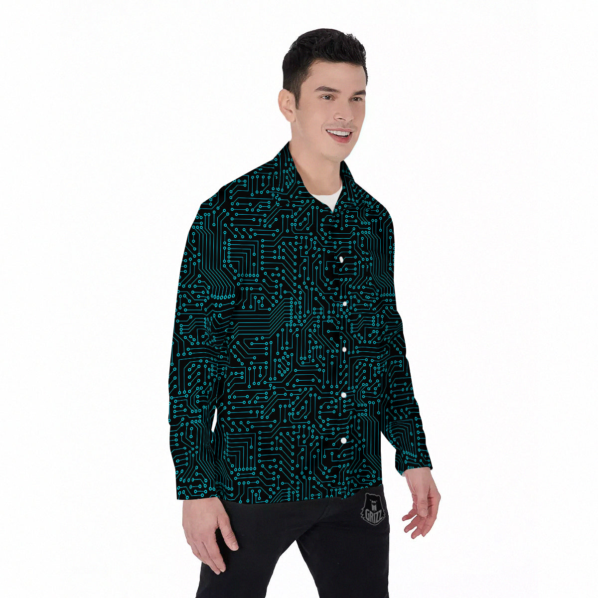 Circuit Black Blue Print Pattern Men's Long Sleeve Shirts-grizzshop