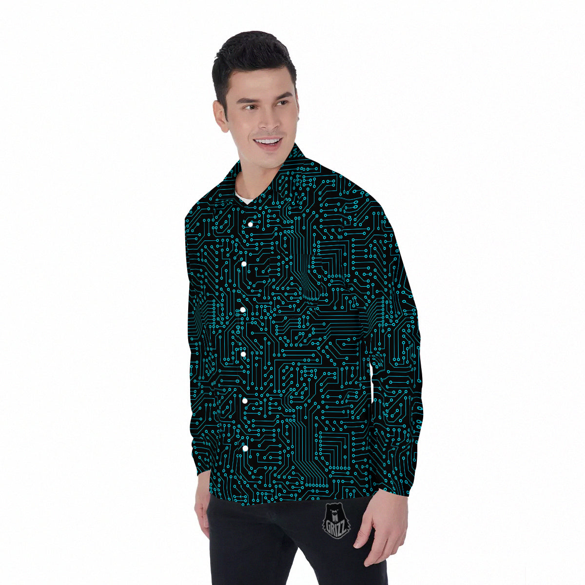 Circuit Black Blue Print Pattern Men's Long Sleeve Shirts-grizzshop