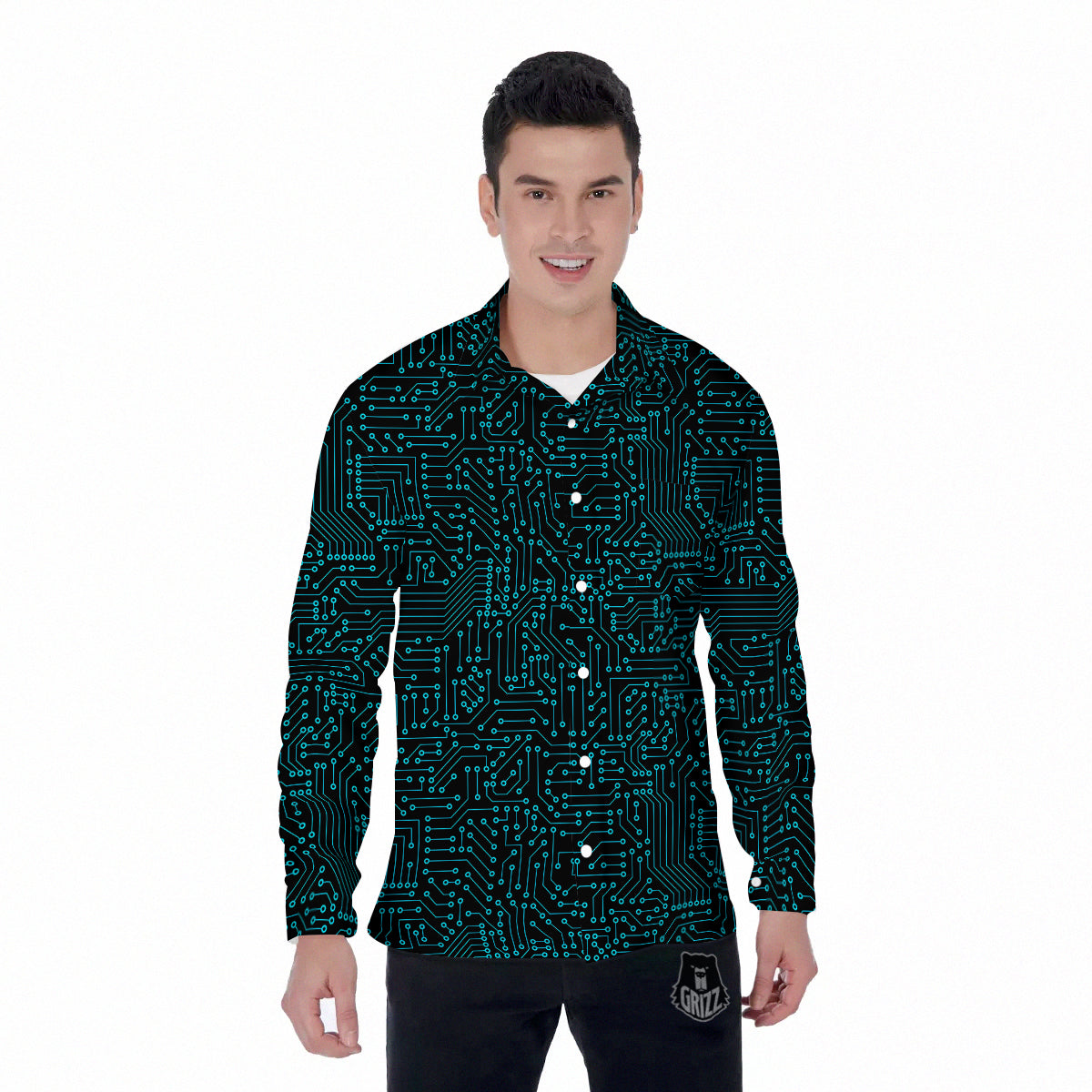 Circuit Black Blue Print Pattern Men's Long Sleeve Shirts-grizzshop