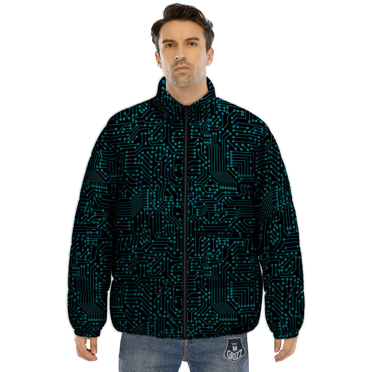 Circuit Black Blue Print Pattern Puffer Jacket-grizzshop
