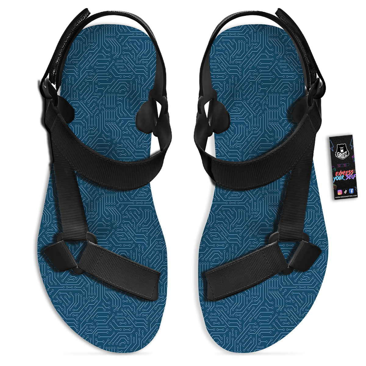 Circuit Blue Print Pattern Black Open Toe Sandals-grizzshop