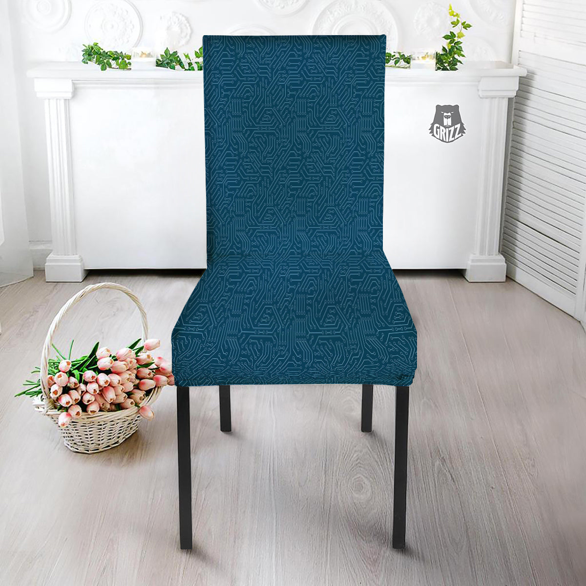 Circuit Blue Print Pattern Dining Chair Slipcover-grizzshop