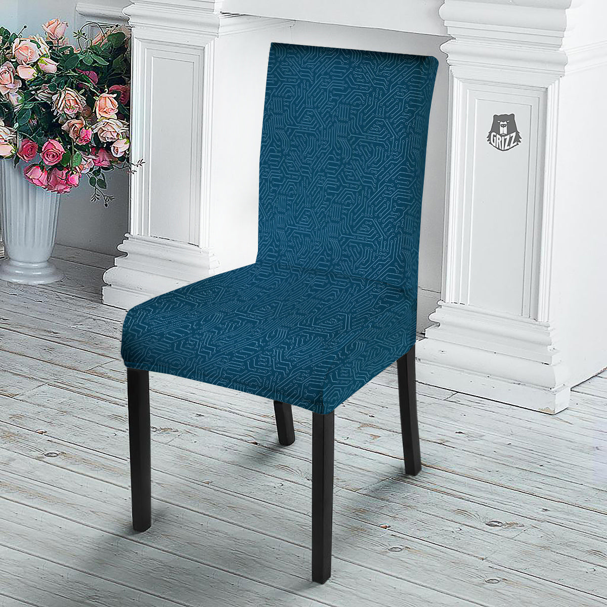 Circuit Blue Print Pattern Dining Chair Slipcover-grizzshop