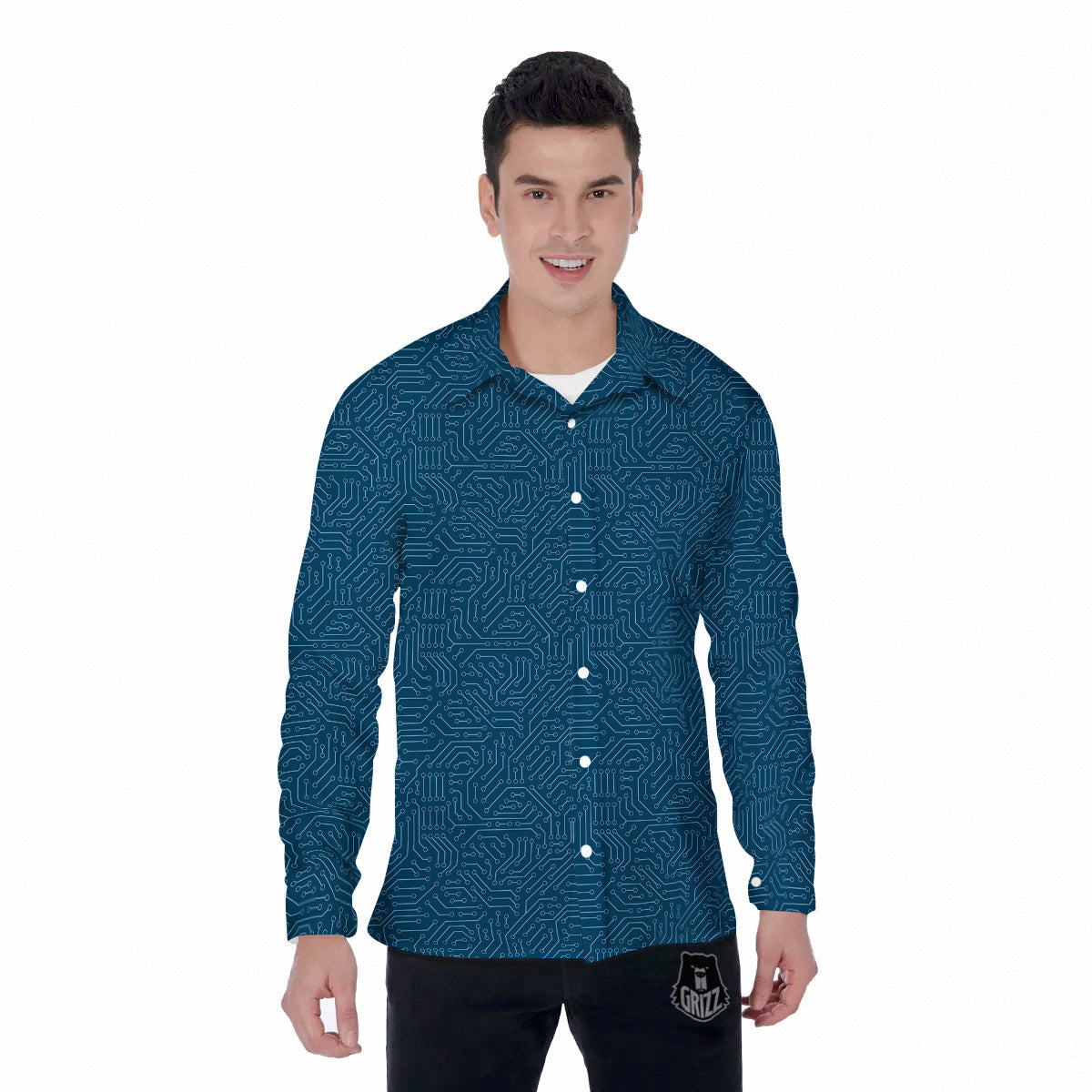 Circuit Blue Print Pattern Men's Long Sleeve Shirts-grizzshop