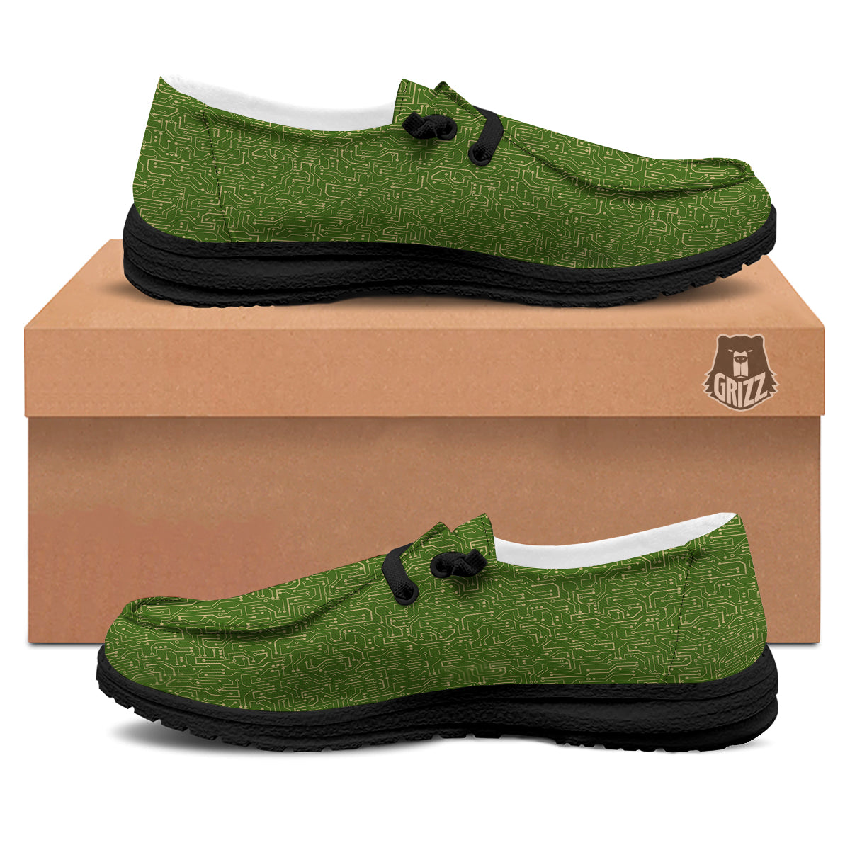 Circuit Green Print Pattern Black Loafers-grizzshop