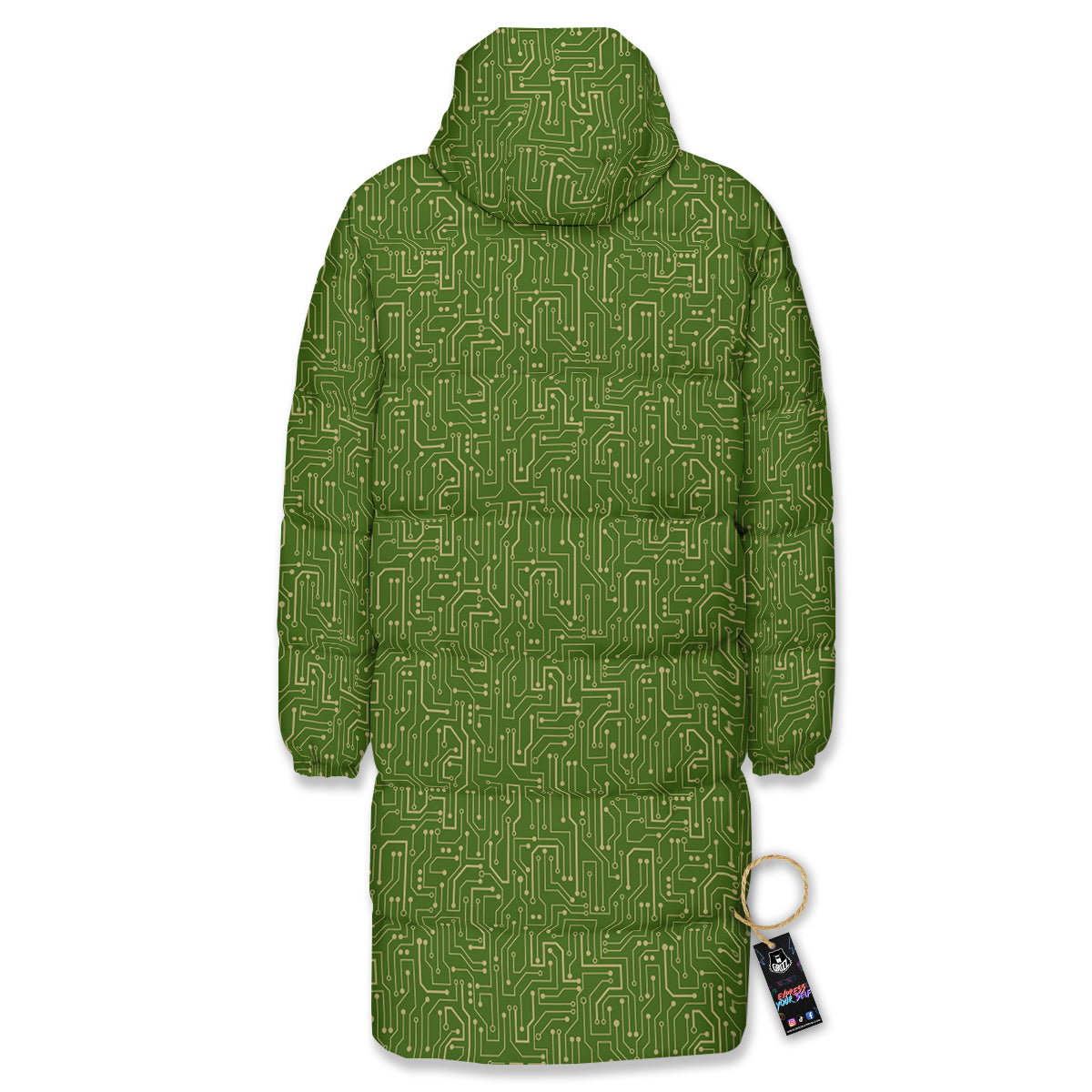 Circuit Green Print Pattern Long Down Jacket-grizzshop