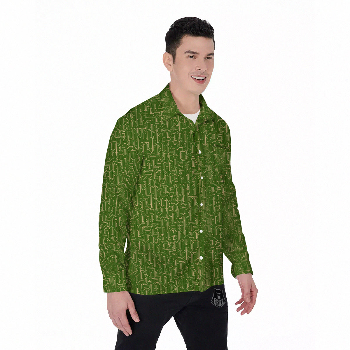 Circuit Green Print Pattern Men's Long Sleeve Shirts-grizzshop