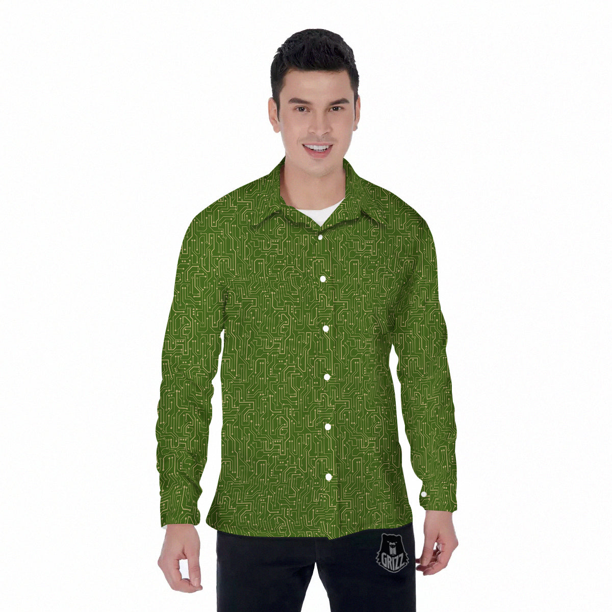 Circuit Green Print Pattern Men's Long Sleeve Shirts-grizzshop