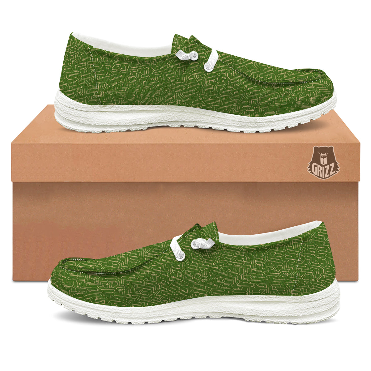 Circuit Green Print Pattern White Loafers-grizzshop