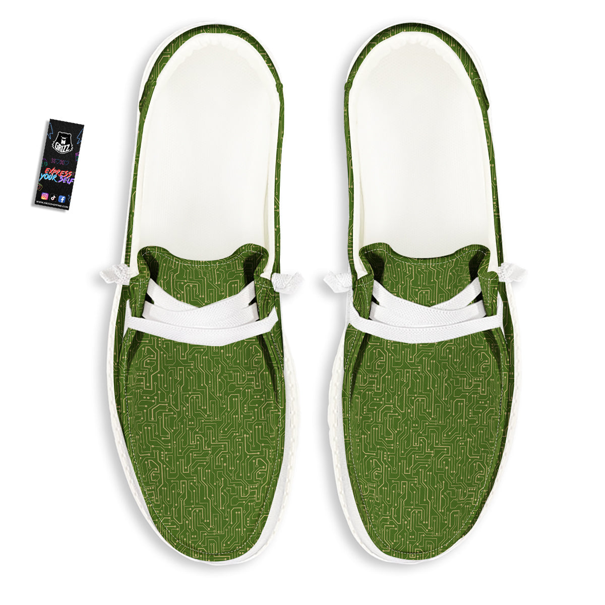 Circuit Green Print Pattern White Loafers-grizzshop