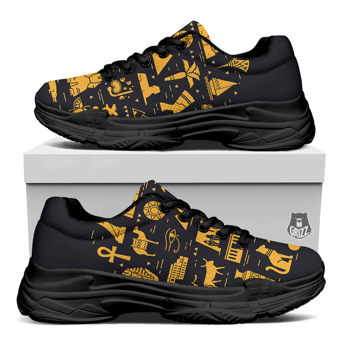Circular Symbols Of Egypt Print Black Chunky Shoes-grizzshop