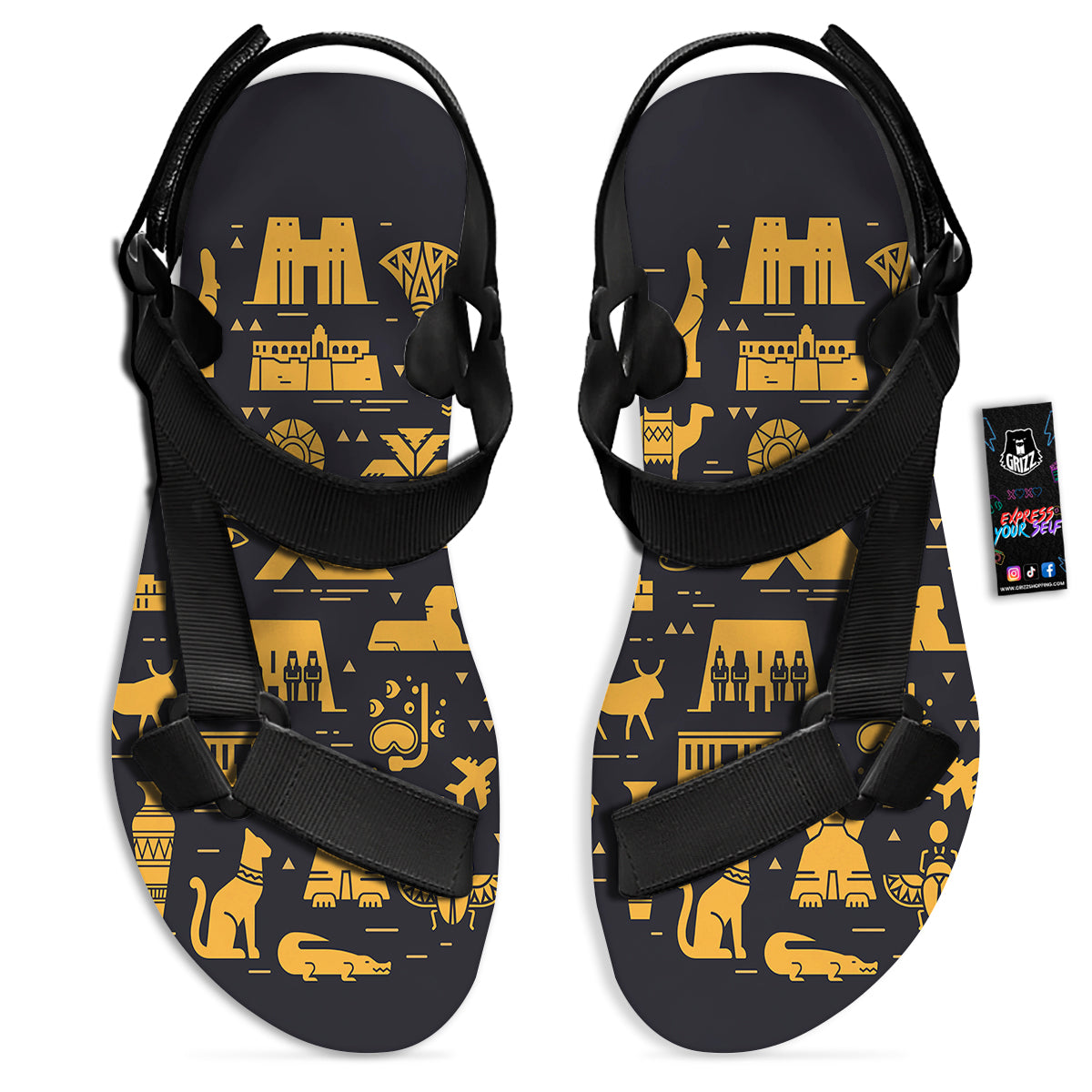 Circular Symbols Of Egypt Print Black Open Toe Sandals-grizzshop