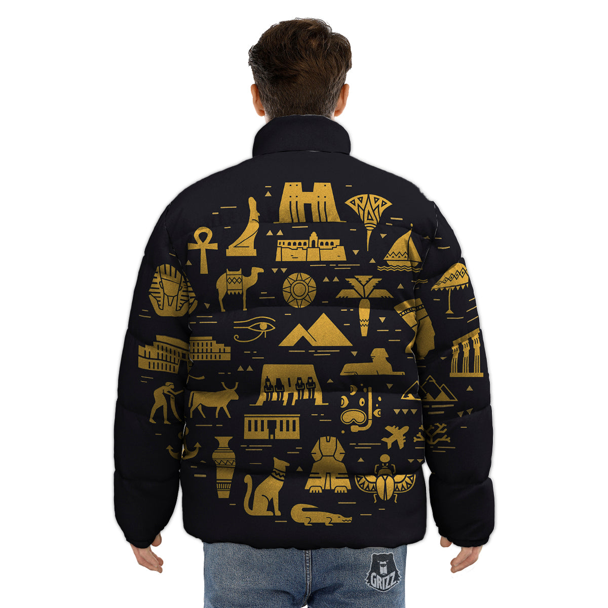 Circular Symbols Of Egypt Print Puffer Jacket-grizzshop