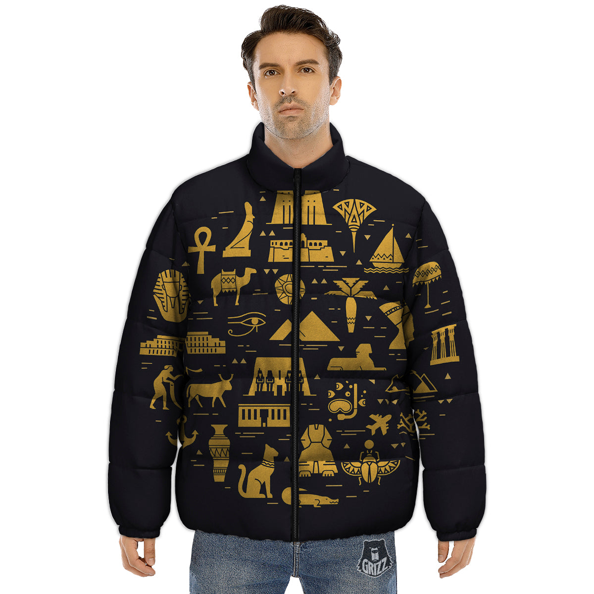Circular Symbols Of Egypt Print Puffer Jacket-grizzshop