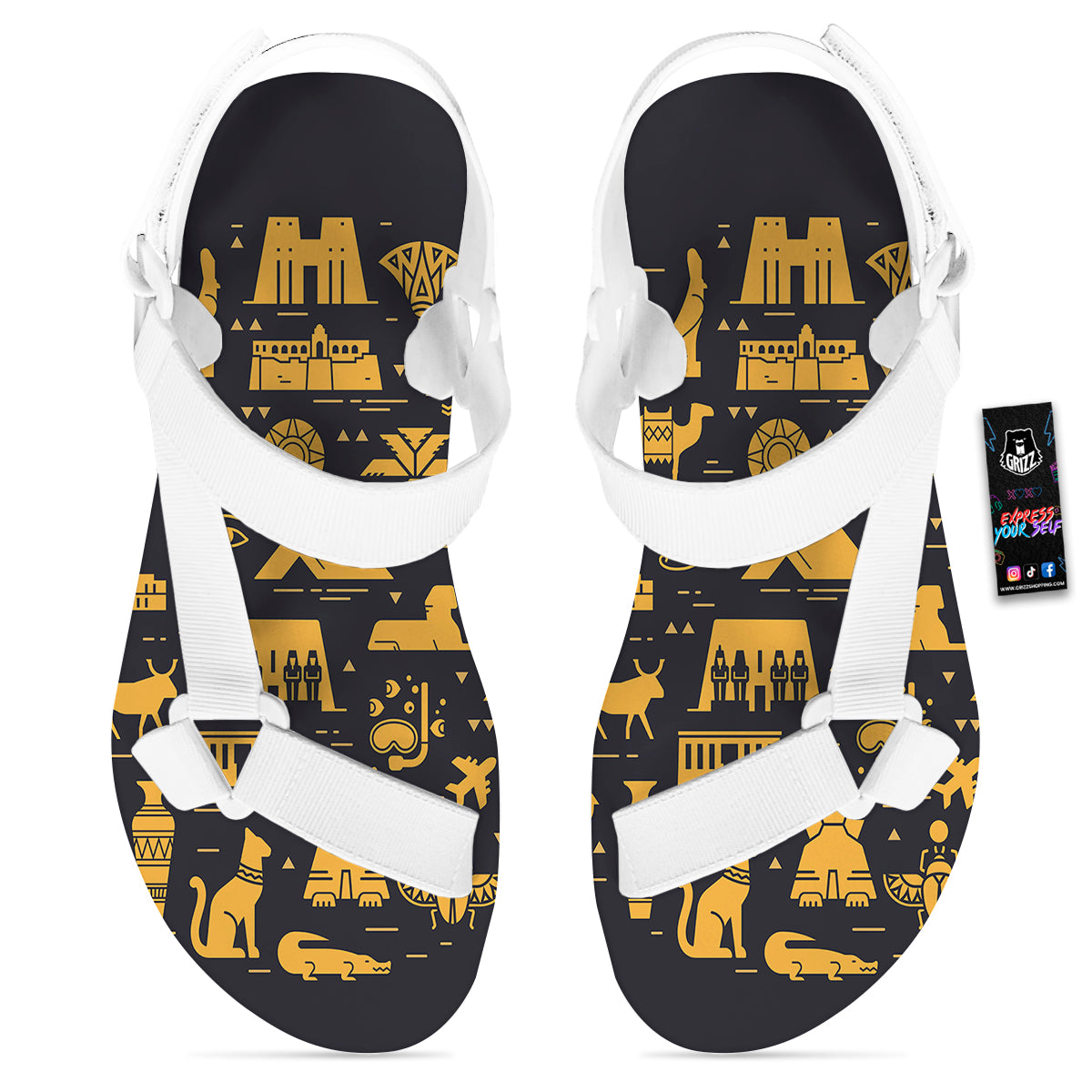 Circular Symbols Of Egypt Print White Open Toe Sandals-grizzshop