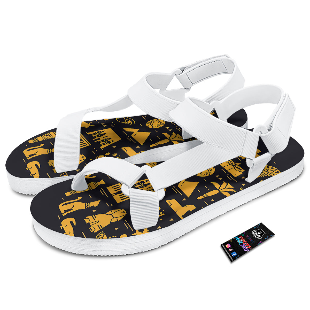 Circular Symbols Of Egypt Print White Open Toe Sandals-grizzshop