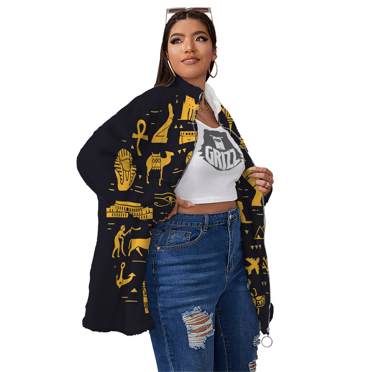 Circular Symbols Of Egypt Print Women's Sherpa Jacket-grizzshop