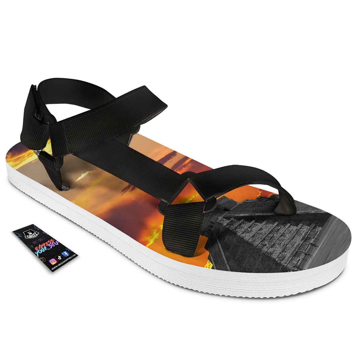 Civilization Mayan Print Black Open Toe Sandals-grizzshop